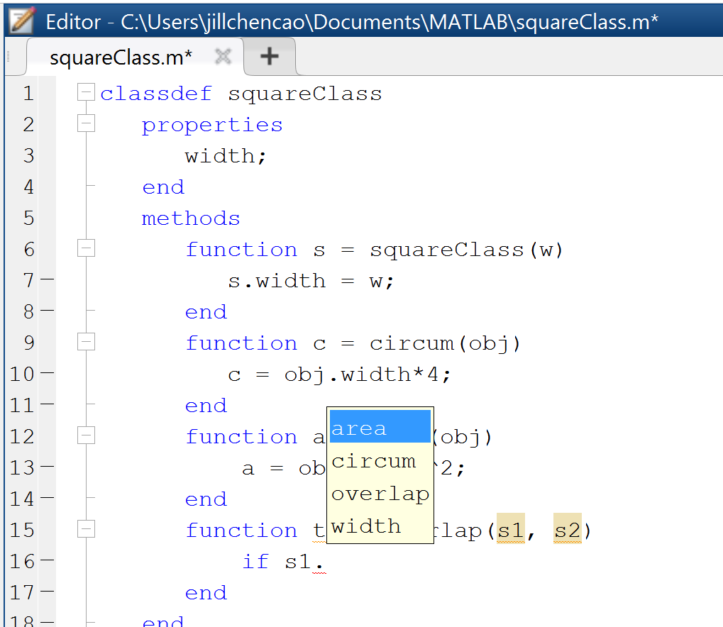 Image for Tab Completion on object properties and methods in class files.